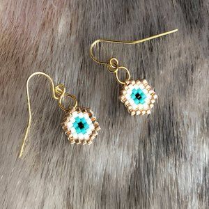 Delicate, teal-eye beaded earrings, fine Japanese beads